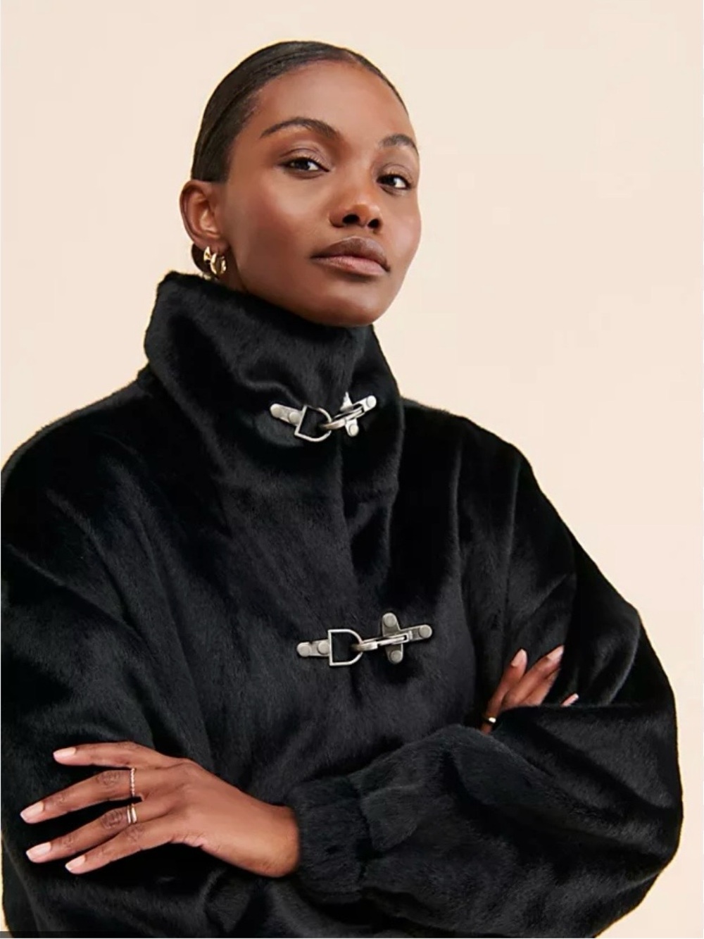 Free People Black Faux Fur Toggle Coat